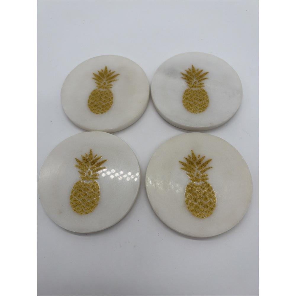 Set of 4 Heavy White Marble Stone Coasters Gold Pineapple Cork Back 4"